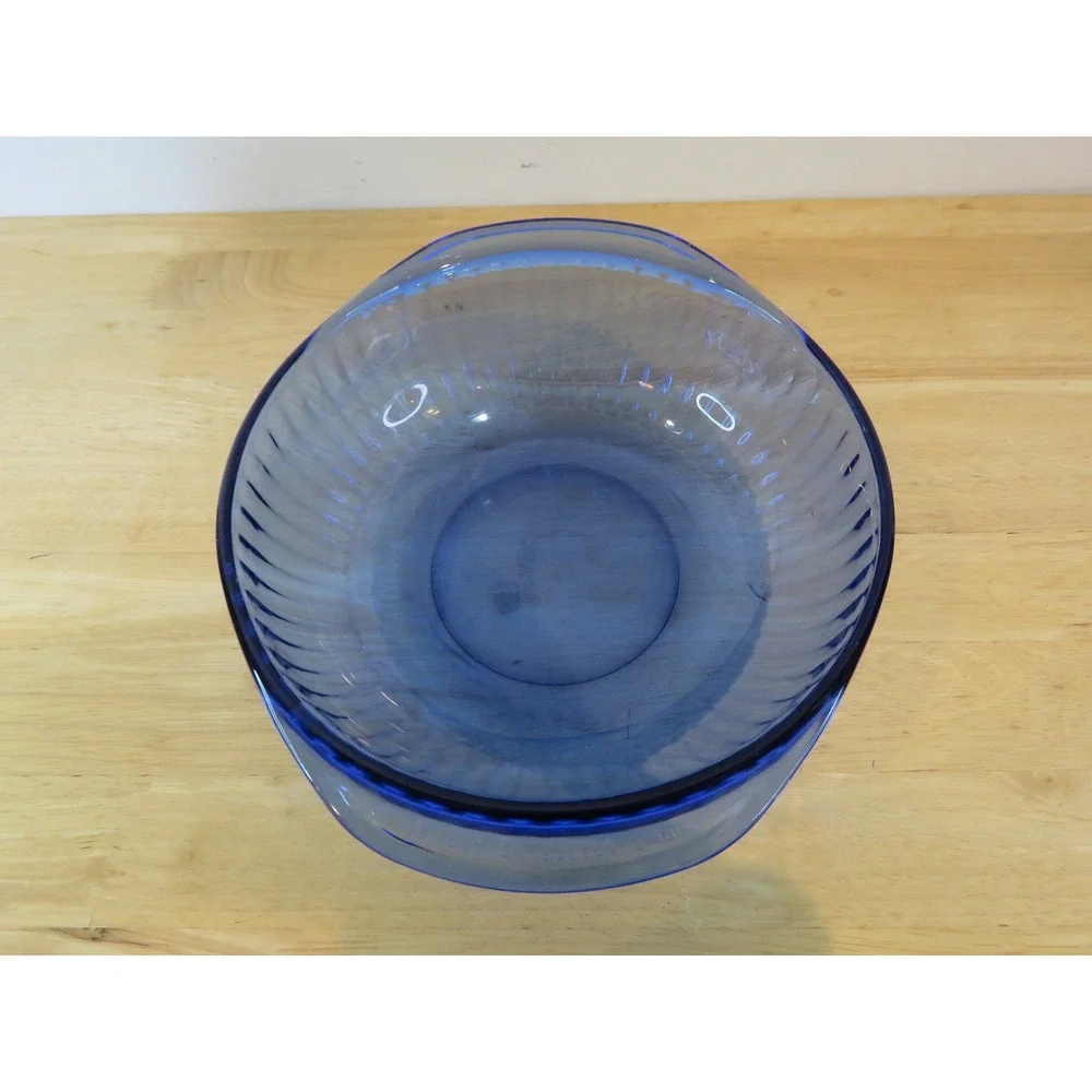 VTG Set of 2 Pyrex Sculptured 2-Quart Casserole Bowls Ribbed Design Cobalt Blue